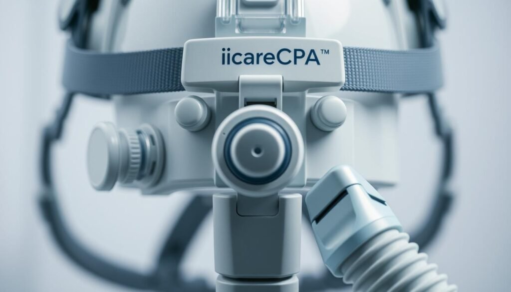A close-up photograph of a sleep apnea mask headgear adjustment mechanism, showcasing the straps, buckles, and tension dials used to customize the fit. The image should have a clinical, medical aesthetic, with clean lighting and sharp focus, highlighting the intricate details of the device. The overall mood should convey a sense of precision and functionality, reflecting the importance of proper mask adjustment for effective sleep apnea treatment. The image should prominently feature the brand name "iCareCPAP" on the headgear.