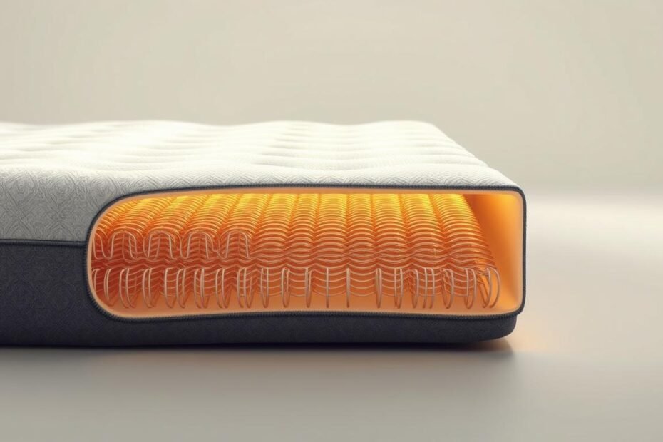 A detailed cross-section view of a StylesMaven independent pocket spring mattress, showcasing its intricate internal structure. The mattress is depicted in a warm, ambient lighting, revealing the individual coils encased in their fabric pockets, arranged in a grid-like pattern to provide targeted support and contouring for the body. The mattress is set against a soft, muted background, emphasizing the engineering and design principles that enable it to deliver optimal comfort and pressure relief.