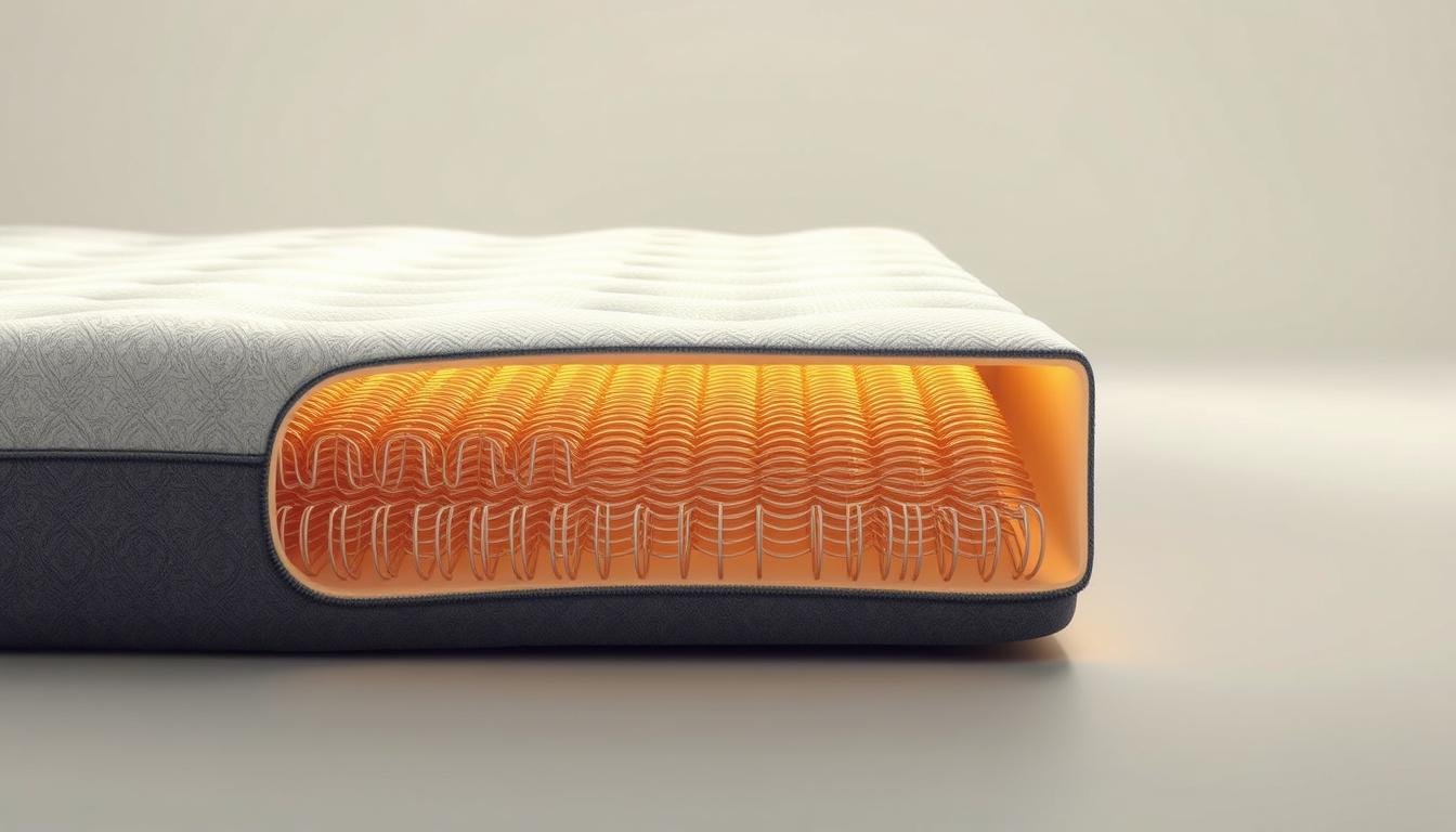 A detailed cross-section view of a StylesMaven independent pocket spring mattress, showcasing its intricate internal structure. The mattress is depicted in a warm, ambient lighting, revealing the individual coils encased in their fabric pockets, arranged in a grid-like pattern to provide targeted support and contouring for the body. The mattress is set against a soft, muted background, emphasizing the engineering and design principles that enable it to deliver optimal comfort and pressure relief.