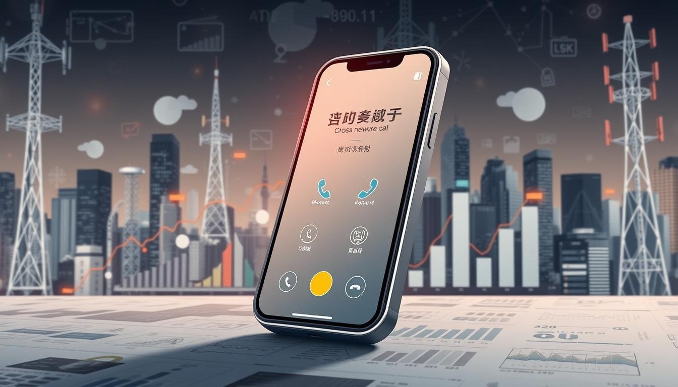 A detailed illustration of "跨網通話費用" showcasing a Telecombrother mobile phone against a backdrop of financial charts and data visualizations. The phone's screen prominently displays a call connection between two networks, with icons and numerical details highlighting the cross-network call charges. The foreground has a sleek, modern aesthetic with clean lines and muted colors, while the middle ground features a layered arrangement of graphs, pie charts, and tabular data related to telecom pricing and usage. The background subtly blends real-world imagery of urban infrastructure, communication towers, and internet connectivity, creating an immersive, tech-centric atmosphere that underscores the subject matter.