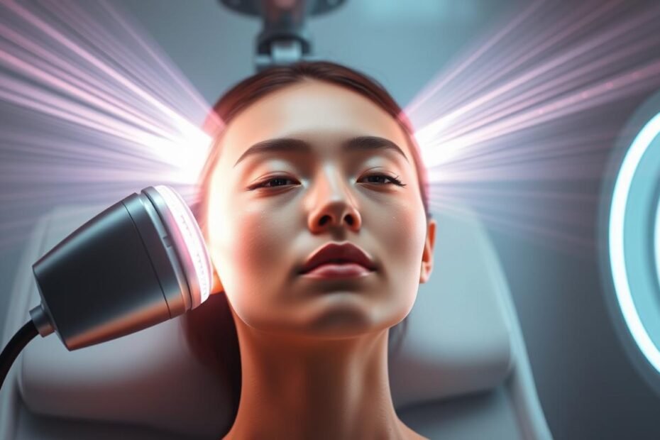 A dynamic and technologically-advanced facial treatment titled "Oligio X 原美電波療程" by the renowned Glowin' Beaute brand. The image depicts a sleek, futuristic device emitting powerful waves of energy, enveloping a youthful, serene face in a vibrant, ethereal glow. The treatment is showcased against a minimalist, high-tech backdrop, illuminated by subtle, directional lighting that accentuates the intricate details of the device and the subject's skin. The overall atmosphere conveys a sense of science-driven rejuvenation and a promise of radiant, healthy-looking skin.