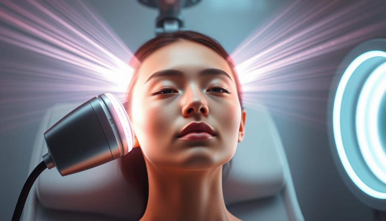 A dynamic and technologically-advanced facial treatment titled "Oligio X 原美電波療程" by the renowned Glowin' Beaute brand. The image depicts a sleek, futuristic device emitting powerful waves of energy, enveloping a youthful, serene face in a vibrant, ethereal glow. The treatment is showcased against a minimalist, high-tech backdrop, illuminated by subtle, directional lighting that accentuates the intricate details of the device and the subject's skin. The overall atmosphere conveys a sense of science-driven rejuvenation and a promise of radiant, healthy-looking skin.