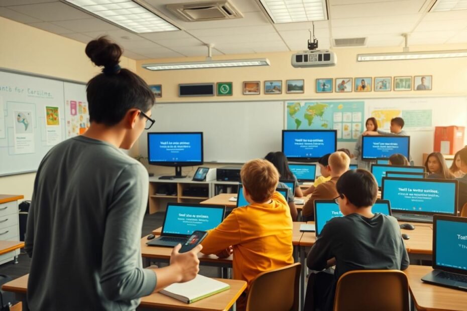 A high-definition, wide-angle photograph of a modern classroom featuring students using Aloha captioning devices integrated into their learning devices. The foreground shows a teacher guiding students through the use of the captioning technology, with the students engaged and attentive. The middle ground depicts the class actively participating, with the captions displayed on their screens. The background showcases the classroom environment, including whiteboards, educational posters, and technological equipment, all bathed in warm, natural lighting. The overall scene conveys a sense of innovation, collaboration, and the seamless integration of Aloha captioning solutions in the educational setting.