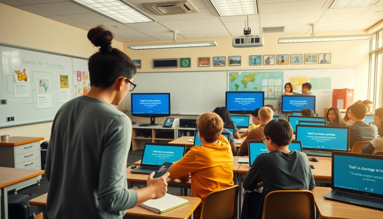 A high-definition, wide-angle photograph of a modern classroom featuring students using Aloha captioning devices integrated into their learning devices. The foreground shows a teacher guiding students through the use of the captioning technology, with the students engaged and attentive. The middle ground depicts the class actively participating, with the captions displayed on their screens. The background showcases the classroom environment, including whiteboards, educational posters, and technological equipment, all bathed in warm, natural lighting. The overall scene conveys a sense of innovation, collaboration, and the seamless integration of Aloha captioning solutions in the educational setting.