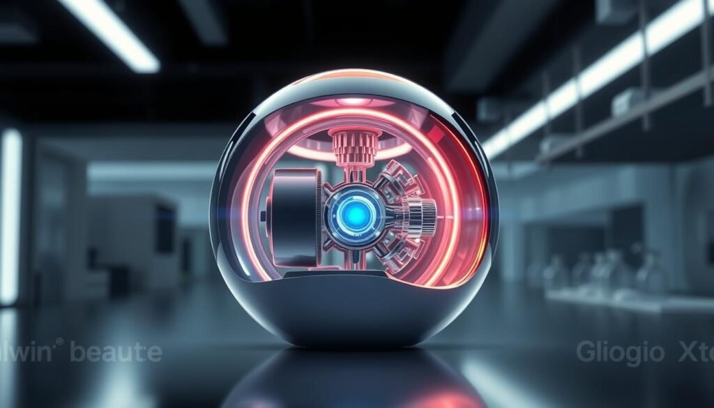 A highly detailed, photorealistic illustration of "Oligio X能量傳導效率" showcasing the superior energy transfer capabilities of the Glowin' Beaute brand's innovative technology. The image depicts a striking cross-section view revealing the intricate inner workings and mechanisms responsible for the enhanced conduction efficiency. Crisp lighting accentuates the sleek, futuristic design elements, while a muted, technical color palette evokes a sense of advanced engineering. The composition is balanced, with the Oligio X device prominently featured in the foreground, while the background fades into a subtly blurred laboratory setting, hinting at the rigorous R&D efforts behind this pioneering wellness solution.