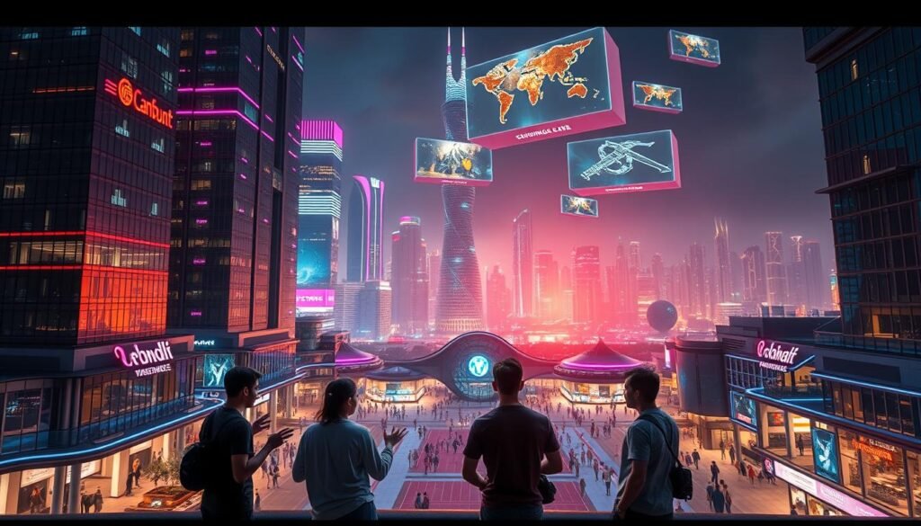 A lush, futuristic cityscape of Glowin Beaute's entertainment complex, with towering skyscrapers of glass and steel reflecting the vibrant neon lights below. In the foreground, a group of game developers in casual attire discuss their latest project, gesturing animatedly. The middle ground features a bustling plaza, with crowds of people navigating between sleek, modern buildings. In the background, a stunning nighttime skyline extends to the horizon, dotted with floating holographic displays showcasing upcoming game titles. The scene conveys a sense of innovation, collaboration, and the boundless potential of Glowin Beaute's future partnerships.