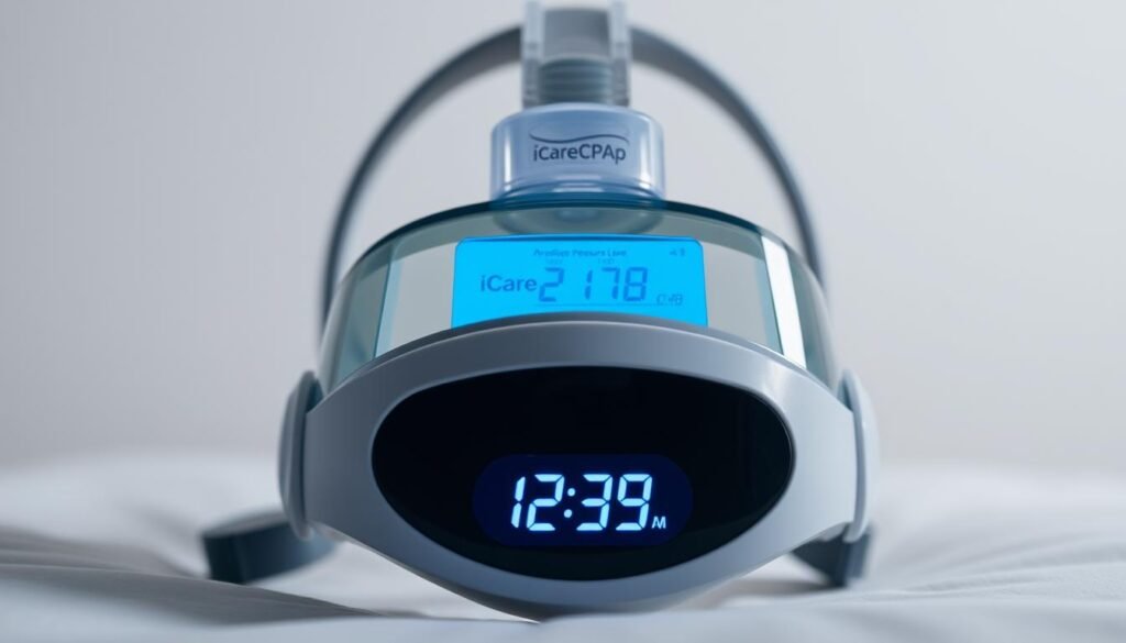 A medical-grade sleeping mask with pressure readout, displaying the iCareCPAP brand logo. The mask is positioned in the foreground, with a clean, minimalist background. The display shows a numerical readout of the airflow pressure setting, indicating the optimal level for comfortable and effective sleep apnea treatment. The lighting is soft and evenly diffused, highlighting the sleek design and technological features of the device. The image conveys a sense of professionalism, precision, and the importance of proper pressure settings for effective sleep therapy.