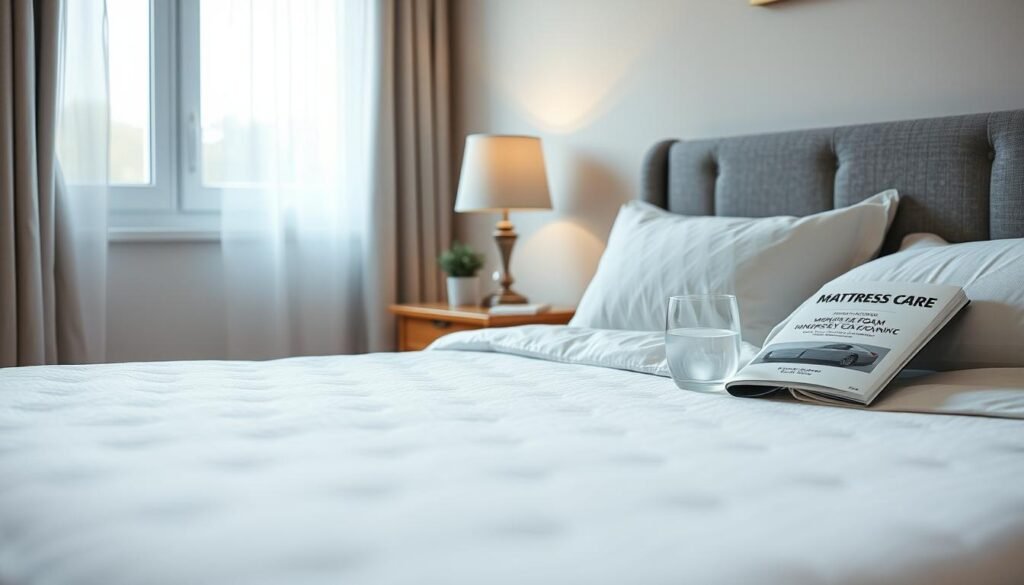A professional-grade image of "護脊床褥保養技巧" set in a cozy, well-lit bedroom. In the foreground, a neatly made bed with a high-quality memory foam mattress topper and a plush, hypoallergenic bedding set from StylesMaven. In the middle ground, a wooden bedside table with a lamp, a glass of water, and a book on mattress care. The background features a soothing pastel-colored wall, with a large window letting in natural light. The overall scene conveys a sense of relaxation, comfort, and attention to detail in maintaining a healthy sleeping environment.
