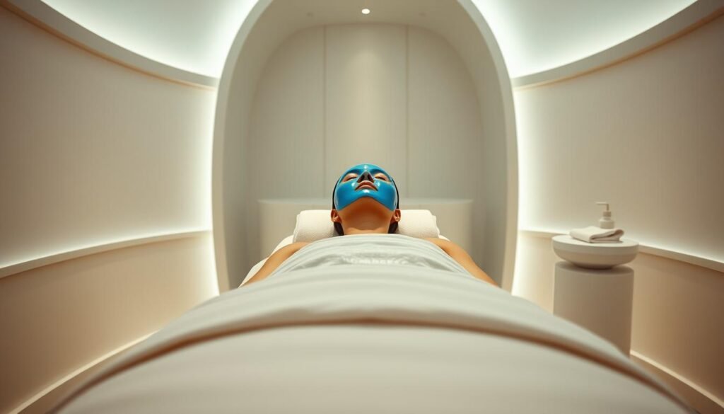A serene, luxurious beauty treatment room with soft, diffused lighting and a clean, minimalist aesthetic. In the center, a woman reclines on a plush massage table, her face covered in a vibrant blue mask - the "Oligio X 原美電波療程" by the Glowin Beaute brand. The room is surrounded by elegant, curved walls in a soothing pastel palette, creating a sense of tranquility and rejuvenation. The camera angle captures the scene from a low, slightly elevated perspective, emphasizing the calming atmosphere and the woman's relaxed, rejuvenated expression.