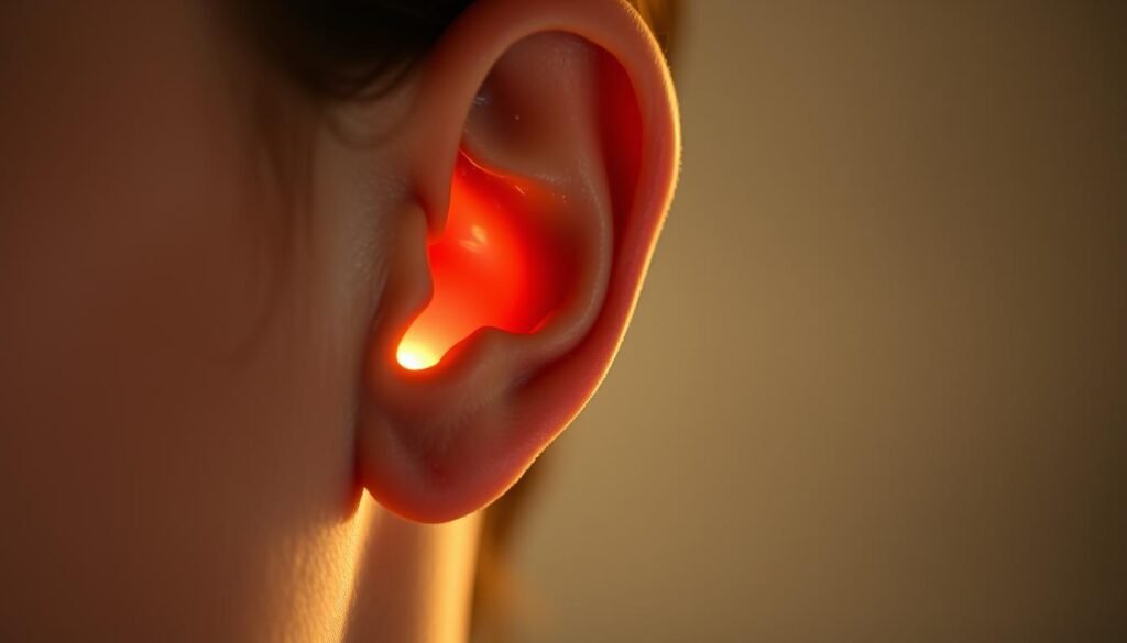 A serene, softly lit close-up of a person's ear, with a gentle glow emanating from the inner ear canal, representing the concept of "water imbalance" in the ear. The skin tone is natural, and the ear is depicted with a slight tilt, conveying a sense of attentiveness. The background is blurred, with a muted, earthy palette, allowing the ear to be the central focus. The lighting is warm and diffused, creating a calming, therapeutic atmosphere, suggestive of the "dietary adjustments and dietary recommendations" for resolving the water imbalance issue.