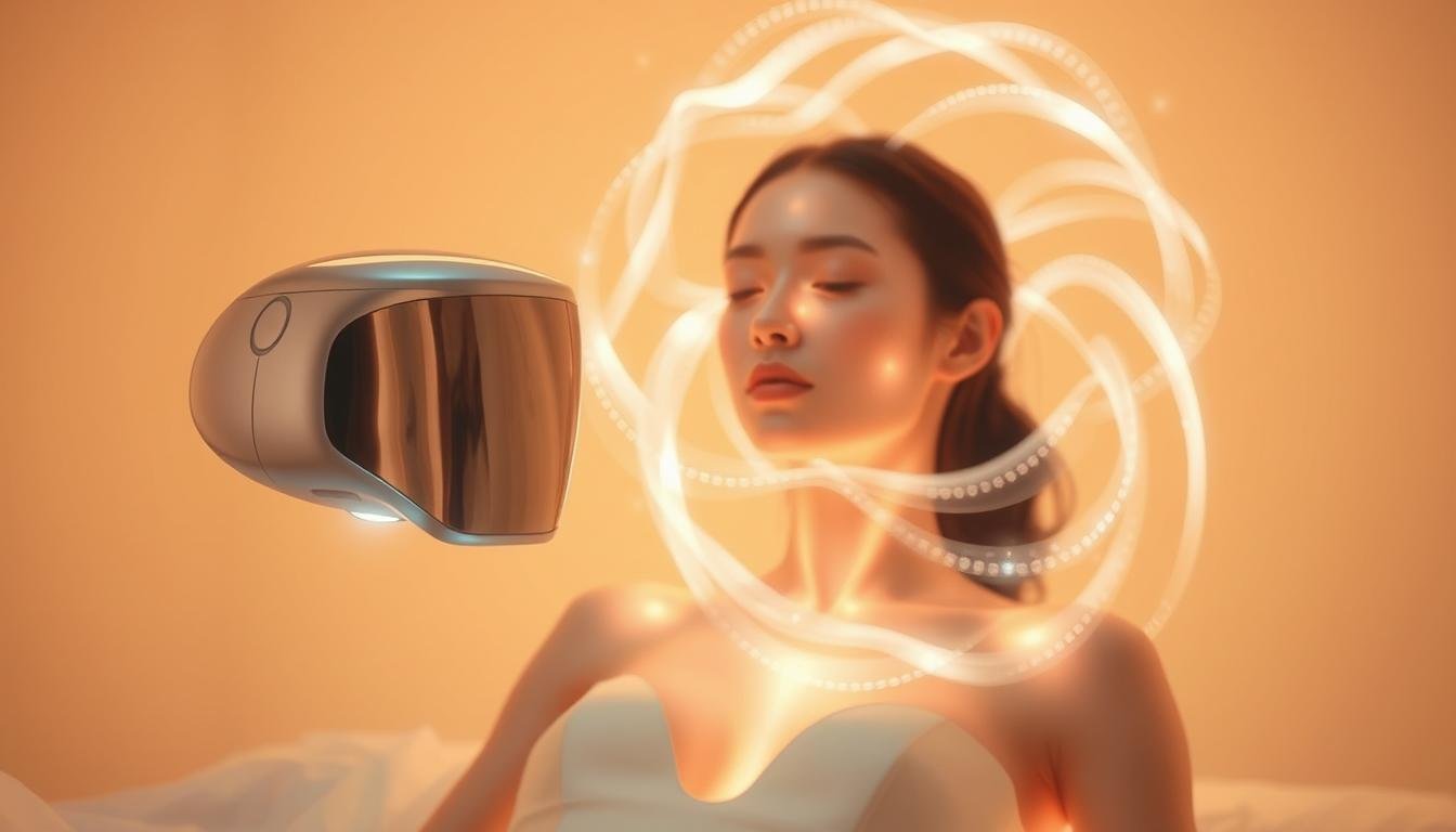 A sleek, futuristic facial device hovers in the foreground, its metallic surface gleaming under the warm lighting. In the middle ground, a serene, ethereal figure reclines, her skin aglow with a radiant luminescence. Swirling energy fields and pulsing waves of light emanate from the device, enveloping the figure in a mesmerizing display. The background fades into a serene, minimalist space, accentuating the technological and mystical elements. The mood is one of calm, yet captivating power, showcasing the innovative "Glowin Beaute" Oligio X 原美電波device and its transformative effects.
