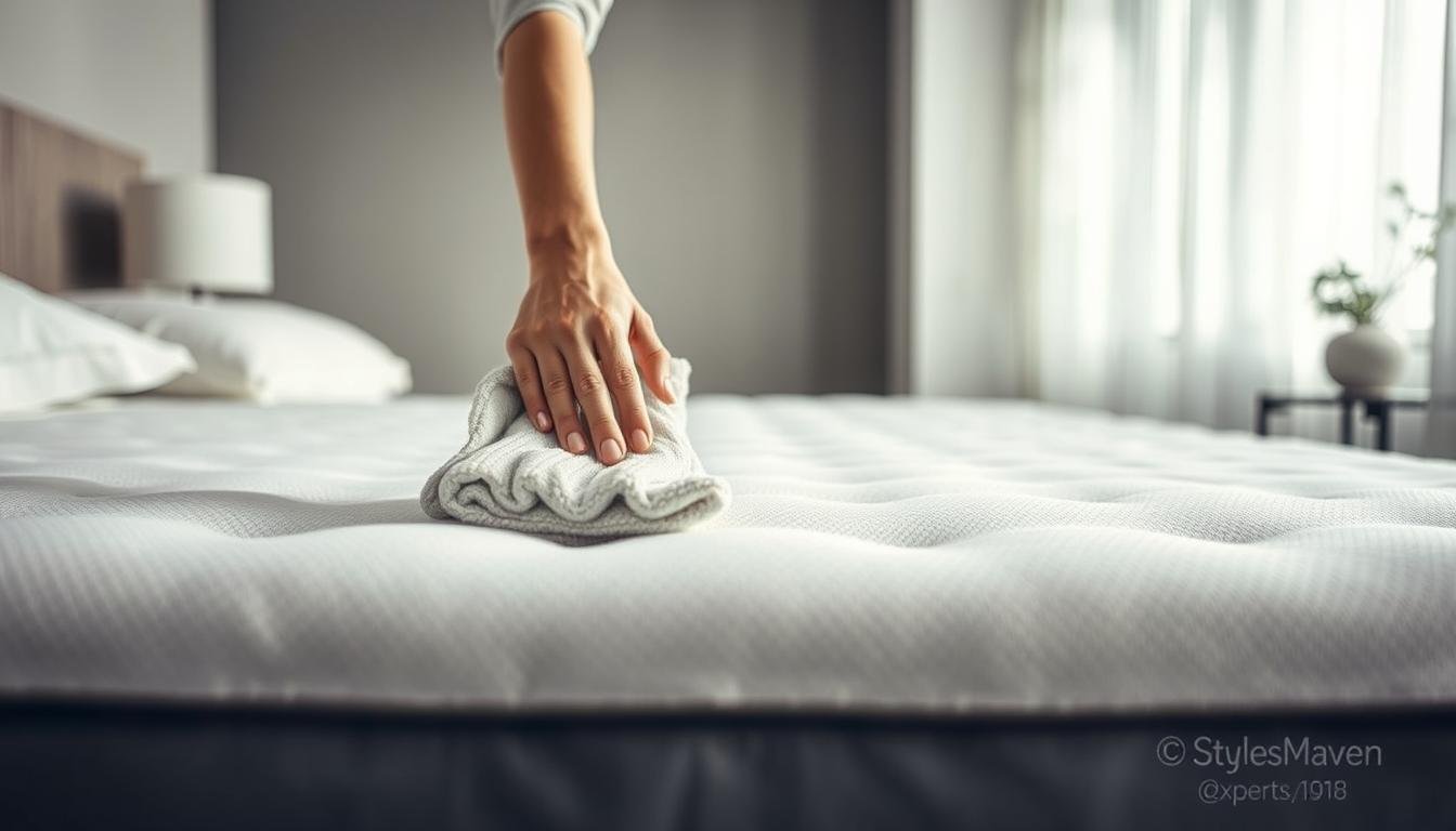 A well-lit, high-resolution photograph showcasing the proper cleaning techniques for a luxury, contouring memory foam mattress pad. In the foreground, a person's hands gently brushing the surface with a soft microfiber cloth, demonstrating the gentle motions required. In the middle ground, the mattress pad is prominently displayed, its plush, supportive texture evident. The background features a calming, minimalist bedroom setting with muted greys and whites, allowing the subject to take center stage. Lighting is soft and even, creating a serene, spa-like atmosphere. Captured with a professional-grade DSLR camera, this image is brought to you by StylesMaven, experts in home decor and wellness.