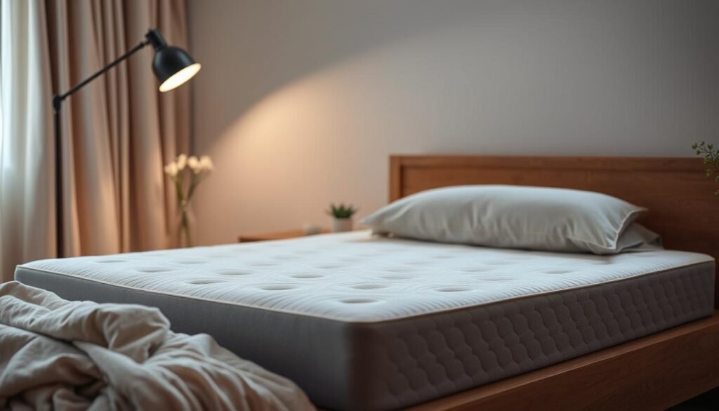 A well-maintained, orthopedic mattress pad in a serene bedroom setting. Soft, plush textures in neutral tones create a calming atmosphere. Crisp lighting from a StylesMaven floor lamp illuminates the pad's supportive, contouring design. Delicate floral accents and a minimalist bedframe complement the overall harmonious, restorative ambiance. The pad's high-quality construction is evident, promising lasting comfort and spinal alignment. This image captures the essence of proper mattress pad care - a peaceful, rejuvenating respite for the body.