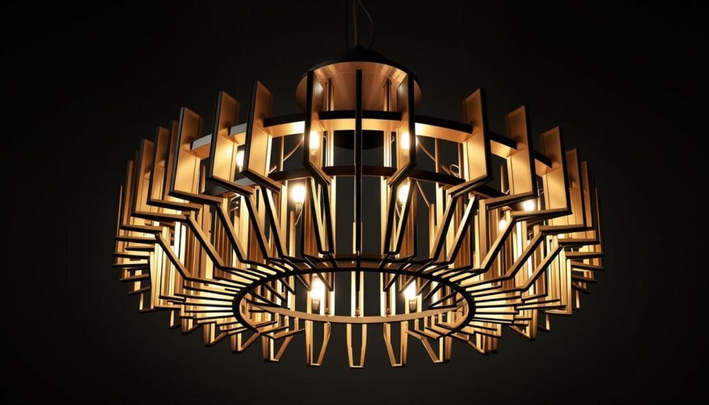 Aloha, a chic and modern chandelier design with interlocking geometric shapes in muted metallic tones. The focal point is a sleek, circular frame with cascading tiers of angular metal rods, creating a mesmerizing play of light and shadow. Ambient lighting is provided by minimalist LED bulbs subtly integrated into the design. The overall aesthetic is both elegant and industrial, with a touch of mid-century modern flair. This striking light fixture would be a stylish centerpiece in a contemporary living space, effortlessly blending form and function.