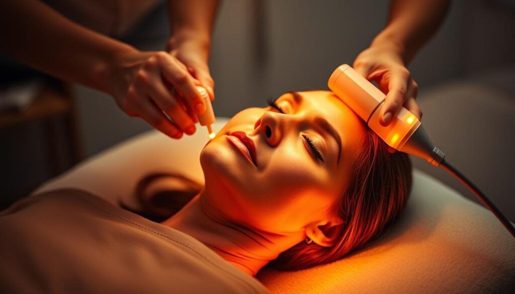 Glowin Beaute presents a traditional radio frequency skin tightening technique. A middle-aged woman lies on a massage table, her face illuminated by the warm glow of radio frequency applicators. The room is dimly lit, creating a soothing, spa-like atmosphere. The applicators are gently pressed against her skin, delivering controlled thermal energy to stimulate collagen production and tighten the facial contours. Soft, diffused lighting casts a flattering glow, highlighting the procedure's relaxing, rejuvenating effects. The image conveys the tradition and expertise of this time-honored beauty treatment.