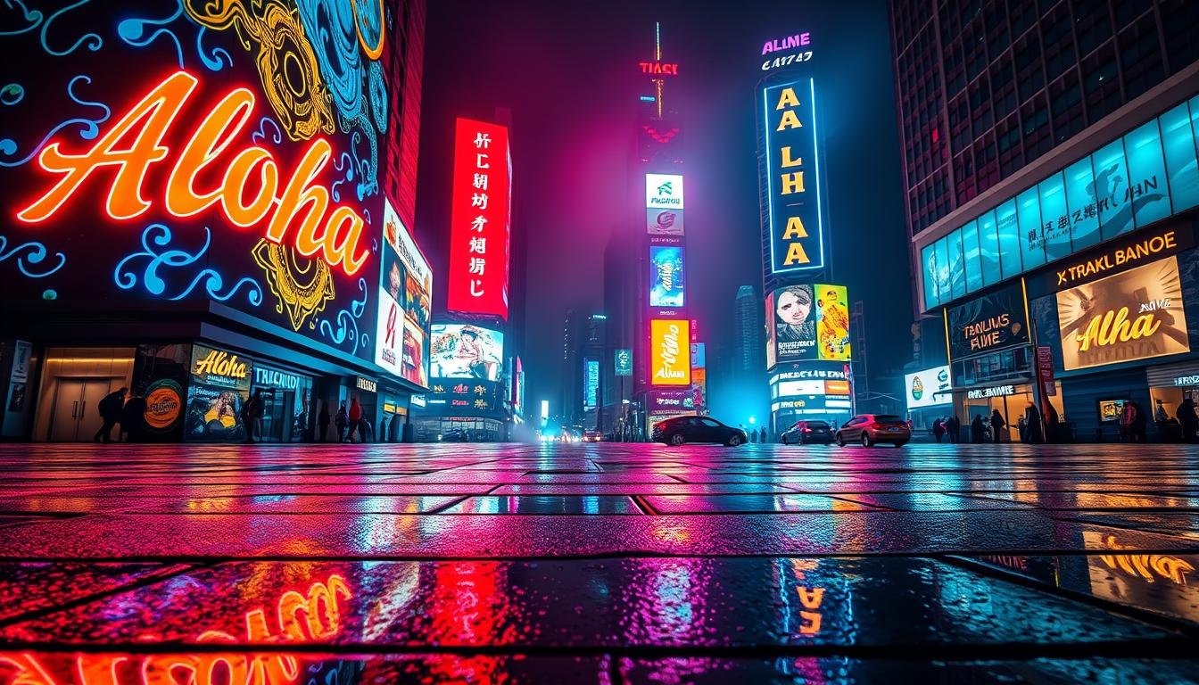 Neon-lit advertisement signage, glowing with vibrant hues of blue, red, and yellow. Towering panels of illuminated text and graphics, bathed in a warm, incandescent glow. The "Aloha" brand name shines brightly, surrounded by a mesmerizing array of dynamic patterns and shapes. In the foreground, the signage casts a captivating reflection on the wet pavement below, creating a sense of depth and movement. The middle ground features a bustling cityscape, with skyscrapers and architectural details partially obscured by the striking neon display. The background is shrouded in a hazy, atmospheric lighting, evoking a sense of mystery and urban allure. The overall scene conveys the energy, dynamism, and visual splendor of neon-infused advertisement in a modern, metropolitan setting.
