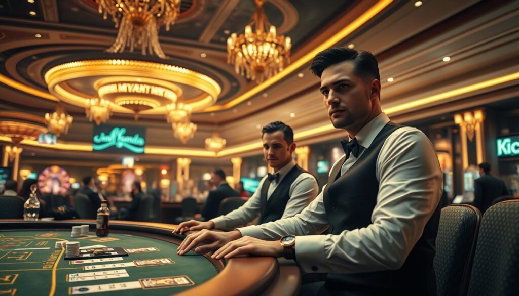 生成真人視訊遊戲的圖片，展現豪華賭場的氛圍和專業荷官。