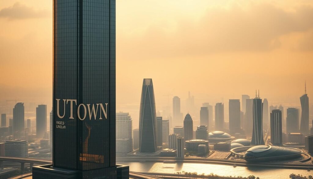 A cinematic landscape depicting the dynamic world of cryptocurrency gambling regulation. In the foreground, a towering UTown building stands as a symbol of the industry's growth, its reflective surfaces mirroring the complexities of the legal and regulatory environment. In the middle ground, a bustling cityscape unfolds, with gleaming high-rises and futuristic transportation hubs. The background is a hazy, ethereal blend of blockchain-inspired motifs, casting an air of technological innovation and governance. Soft, directional lighting illuminates the scene, creating a sense of depth and gravitas. The overall mood is one of tension and anticipation, capturing the delicate balance between innovation and regulation in the evolving world of USDT sports betting.