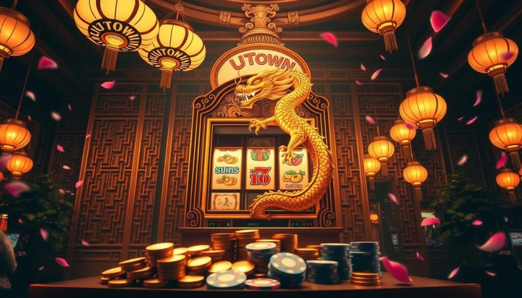 A classic Asian-inspired casino scene with a towering golden dragon-themed slot machine surrounded by intricate carved wooden panels. The machine's reels spin hypnotically, bathed in a warm amber glow from ornate UTown-branded light fixtures overhead. The foreground is dominated by a stack of gold coins and casino chips, hinting at the potential winnings. In the background, a lush, atmospheric environment with hanging lanterns and cherry blossom petals drifting through the air, creating a sense of tranquility and elegance. The overall mood is one of prosperity, luck, and the thrill of the game.