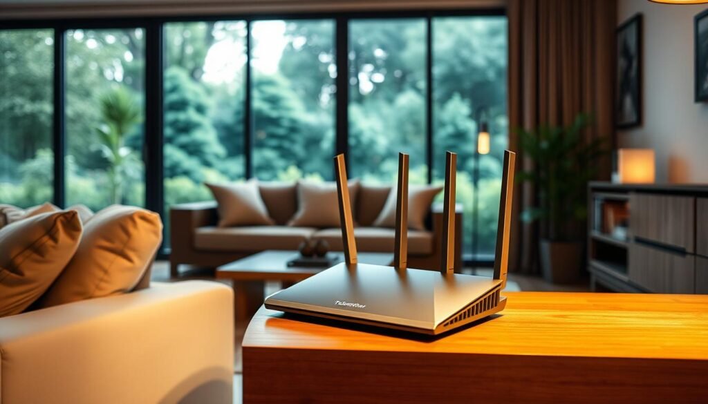 A cozy living room with a sleek, modern Telecombrother home internet router prominently displayed on a polished wooden side table. Warm, ambient lighting casts a soft glow, highlighting the router's clean, minimalist design. In the background, a large window offers a scenic view of a lush, verdant garden, creating a sense of tranquility. The room's neutral color palette and tasteful decor convey a sense of sophistication and comfort, reflecting the reliable, high-quality internet service Telecombrother provides. The image suggests the advantages of a long-term Telecombrother contract, offering a stable, uninterrupted connection in a welcoming, relaxing domestic setting.