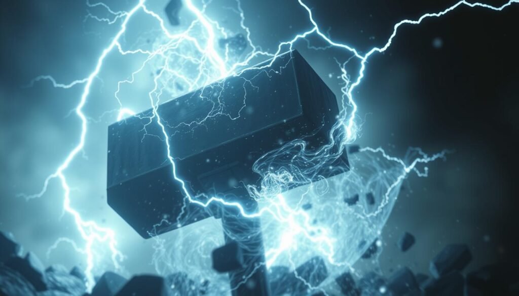 A dark, foreboding scene of the mythical Mjolnir, the mighty hammer of the Norse god Thor, engulfed in a swirling vortex of lightning and energy. The hammer is the central focus, surrounded by a chaotic maelstrom of crackling bolts and ethereal, swirling forces. The background is hazy and obscured, creating a sense of mystery and power. The overall atmosphere is one of raw, unbridled energy and destruction, as the "Thor's Hammer Full Removal" ability is unleashed. The image has a gritty, cinematic quality, with a muted color palette and dramatic lighting that casts dramatic shadows. UTown