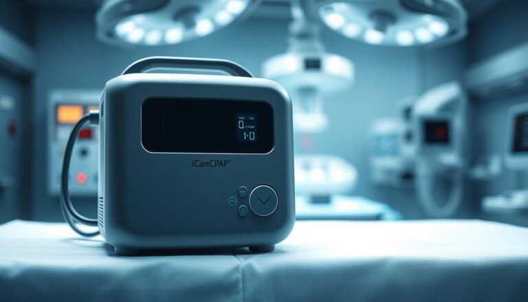 A detailed, clinical-looking medical device with a sleek, modern design. The "iCareCPAP" sleep apnea machine has a smooth, matte grey body with clean lines and minimal branding. The front panel features a clear display and intuitive controls. The device is positioned on a white clinical table, with surgical-style lighting highlighting its technical precision. The background is a blurred, sterile medical environment, emphasizing the machine's purpose as a professional-grade respiratory aid. The image conveys a sense of reliable, high-quality medical technology designed to provide effective, comfortable sleep therapy.