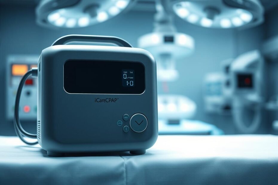 A detailed, clinical-looking medical device with a sleek, modern design. The "iCareCPAP" sleep apnea machine has a smooth, matte grey body with clean lines and minimal branding. The front panel features a clear display and intuitive controls. The device is positioned on a white clinical table, with surgical-style lighting highlighting its technical precision. The background is a blurred, sterile medical environment, emphasizing the machine's purpose as a professional-grade respiratory aid. The image conveys a sense of reliable, high-quality medical technology designed to provide effective, comfortable sleep therapy.
