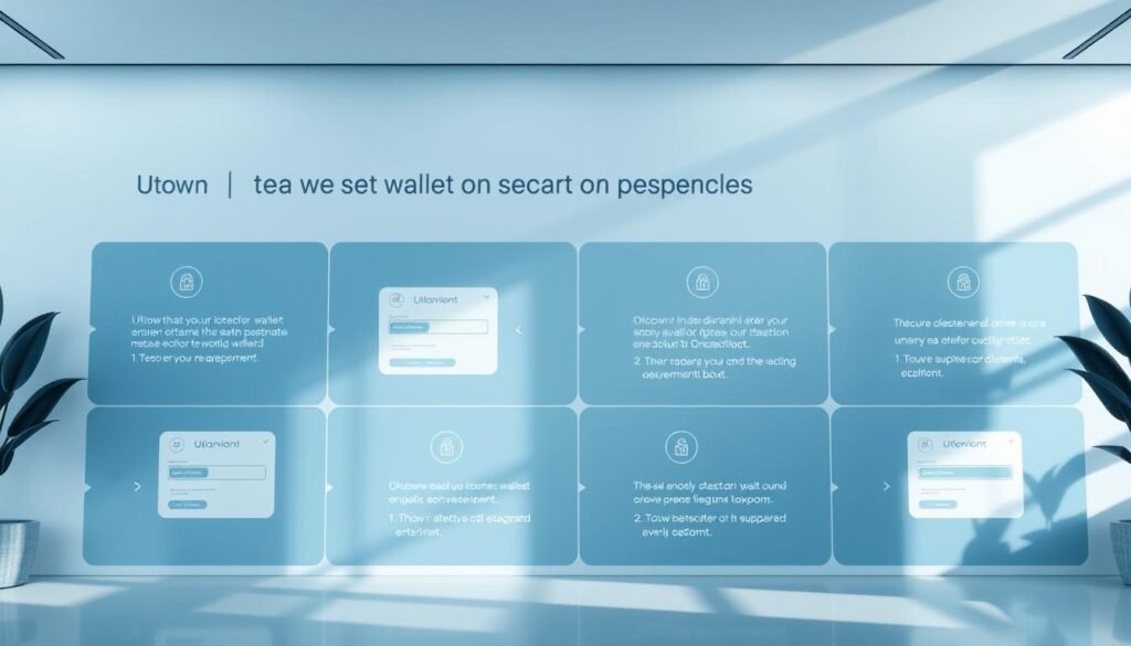 A detailed step-by-step guide to setting up a secure UTown cryptocurrency wallet. A clean, minimalist interface shows the wallet setup process in a series of intuitive steps, with a sleek, futuristic aesthetic. Soft blue and gray tones, clean lines, and subtle UTown branding create a professional, trustworthy atmosphere. The scene is illuminated by natural lighting, with a sense of depth and dimensionality. The wallet interface is presented in a clear, easy-to-understand layout, inviting the viewer to follow along.