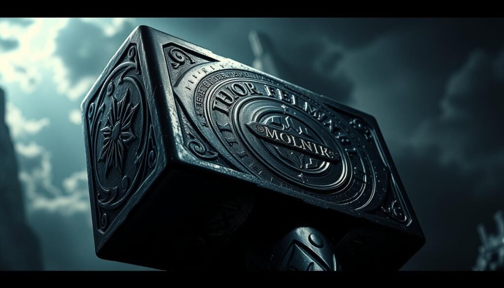 A dramatic close-up shot of the mighty "Mjolnir" hammer from the UTown "Thor's Hammer" series, bathed in a dramatic lighting that accentuates its intricate Norse rune-etched surface. The hammer is positioned at a slight angle, casting deep shadows that give it a sense of weight and power. The background is a moody, atmospheric scene with swirling clouds and hints of a stormy sky, creating a sense of grandeur and divine authority. The overall composition and lighting evoke a sense of awe and reverence for the mystical artifact.