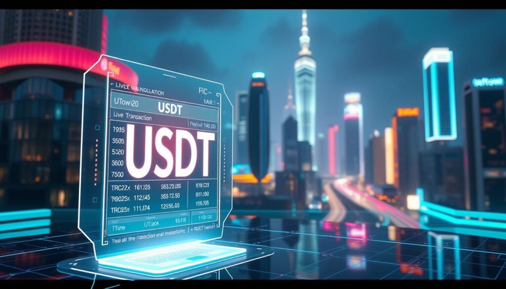 A futuristic, transparent blockchain transaction interface displaying real-time USDT movements across ERC-20 and TRC-20 protocols. The foreground features a sleek, holographic panel with live transaction data, while the background showcases a UTown cityscape bathed in a cool, neon-tinted lighting. The scene conveys a sense of technological sophistication and financial transparency, underscoring the secure, decentralized nature of the USDT ecosystem.