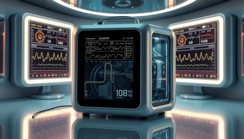 A high-quality medical-grade sleep apnea breathing machine by iCareCPAP, its airflow stability tested in a sleek, futuristic laboratory setting. Glowing monitors display crucial real-time data, meticulously tracking and analyzing the machine's precise air pressure output. Smooth, brushed metal casing reflects the clinical lighting, complemented by a minimalist user interface. The machine's internal components are visible through transparent panels, showcasing its advanced engineering. The overall scene conveys a sense of professionalism, technological innovation, and a commitment to delivering reliable, medical-grade respiratory care.