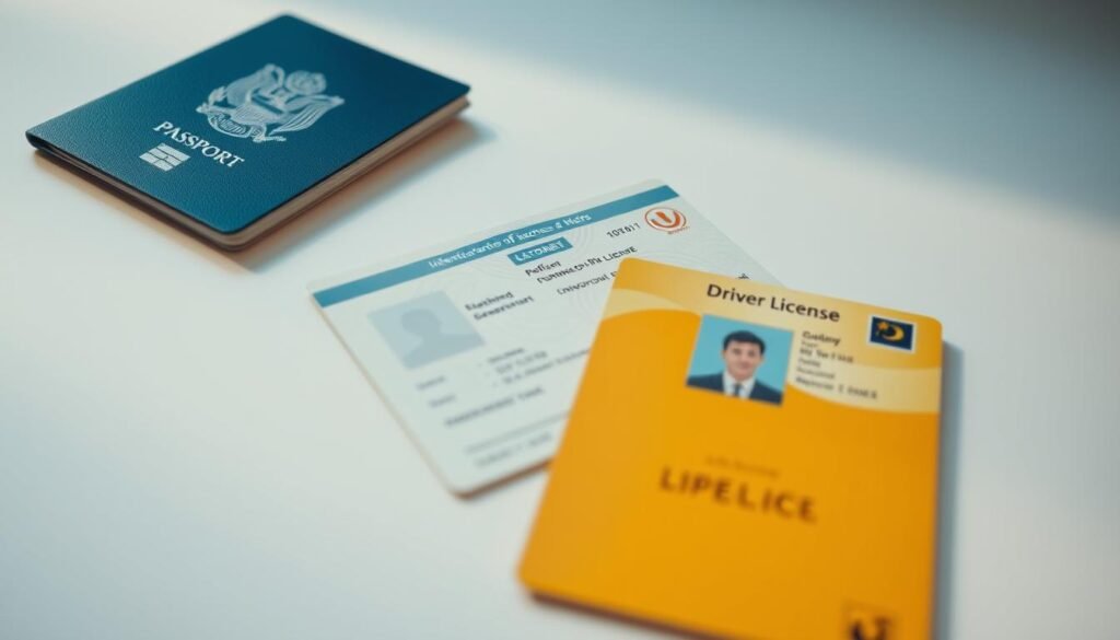 A high-resolution image of official identification documents, including a passport, national ID card, and driver's license, neatly arranged on a light, neutral background. The documents are presented in a clean, well-organized manner, with a sense of professionalism and attention to detail. The lighting is soft and diffused, creating a calm, authoritative atmosphere. The camera angle is slightly elevated, giving the viewer a sense of trust and reliability in the subject matter. The overall aesthetic is modern and minimalist, reflecting the UTown brand's aesthetic.