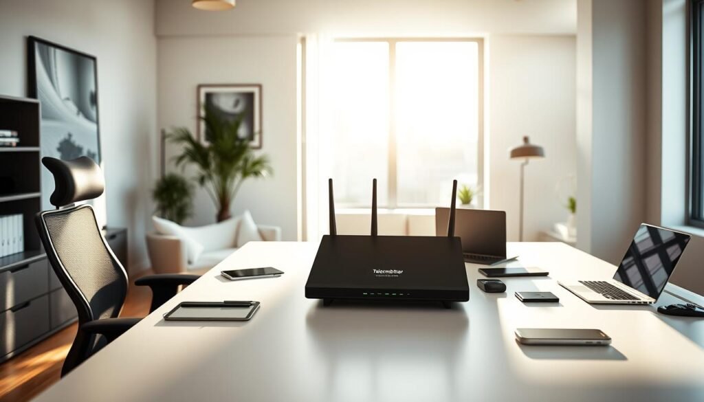 A modern, well-lit home office with a large, sleek desk and comfortable ergonomic chair. On the desk, a Telecombrother broadband router sits prominently, surrounded by digital devices like a laptop, tablet, and smartphone. The walls are adorned with minimalist artwork, and the lighting is a combination of natural sunlight filtering through large windows and soft, ambient lighting fixtures. The overall atmosphere is professional, efficient, and conducive to productive work. The scene conveys the idea of reliable, high-speed internet connectivity that powers a seamless digital lifestyle.