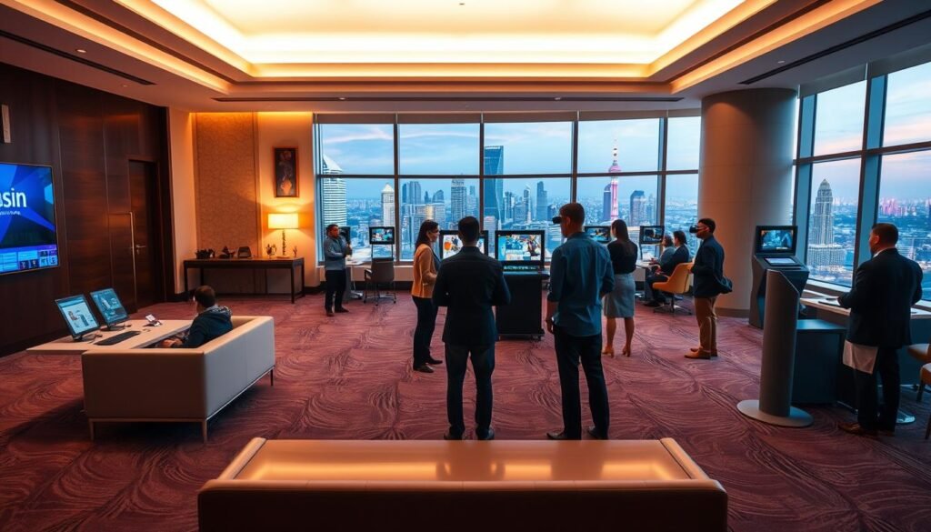 A serene and modern-looking casino training center for UTown entertainment. The scene depicts a spacious and well-lit interior with sleek furniture, warm lighting, and a minimalist design aesthetic. In the foreground, there are several trainees engaged in interactive sessions, learning about the latest casino management technologies and customer service techniques. The middle ground showcases a state-of-the-art training simulation setup, complete with virtual reality headsets and interactive terminals. The background features large windows offering a panoramic view of a bustling cityscape, conveying a sense of progress and innovation. The overall atmosphere is one of professionalism, dedication, and a commitment to excellence in the UTown entertainment industry.