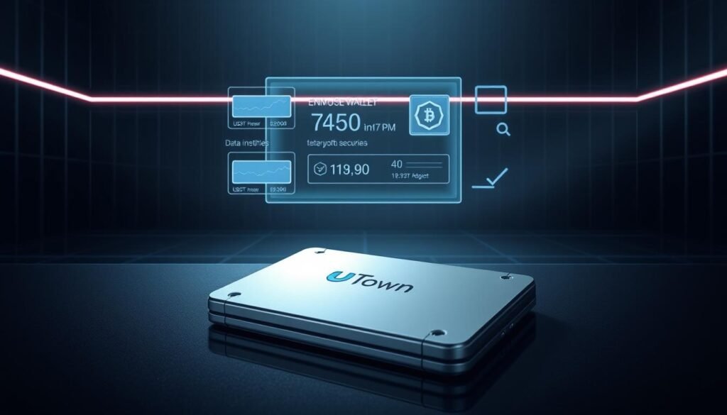 A serene, minimalist illustration showcasing the application of cold wallet technology in secure USDT casino fund management. In the foreground, a sleek, metallic hardware wallet emblazoned with the "UTown" brand logo rests on a dark, reflective surface. The middle ground features a transparent, holographic display projecting encrypted transaction data and wallet security metrics. The background is a dimly lit, high-tech environment with a subtle grid pattern, evoking a sense of digital sophistication and data privacy. Muted color tones and soft, directional lighting create an atmosphere of trust and confidence in the USDT casino's advanced security measures.