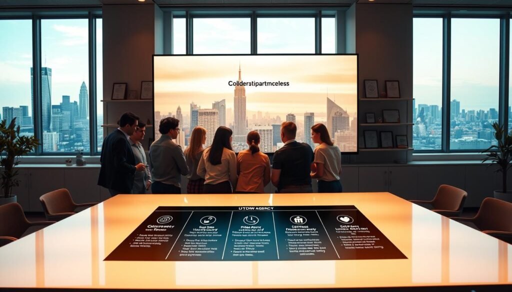 A serene office setting showcasing the UTown agency's collaborative workflow. In the foreground, a team of professionals huddle around a sleek conference table, engaged in a lively discussion, their faces illuminated by the soft glow of a large window overlooking a bustling city skyline. The middle ground features a digital display board outlining the step-by-step UTown agency partnership process, with infographic-style illustrations guiding the viewer through each stage. In the background, shelves lined with industry awards and certificates radiate a sense of expertise and professionalism. The lighting is warm and inviting, creating a productive and collaborative atmosphere.