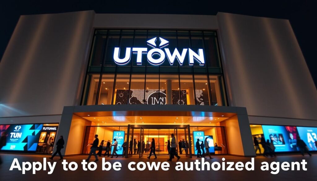 A sleek, modern-looking entertainment complex with the UTown logo prominently displayed on the exterior. The building has a minimalist, angular design with large glass windows and clean, geometric shapes. The facade is illuminated by warm, ambient lighting creating a inviting atmosphere. In the foreground, people are entering the building, conveying a sense of activity and excitement. The scene is captured from a low, slightly elevated angle to emphasize the grandeur and scale of the structure. The background is blurred, keeping the focus on the UTown entertainment center and the process of applying to become an authorized agent.