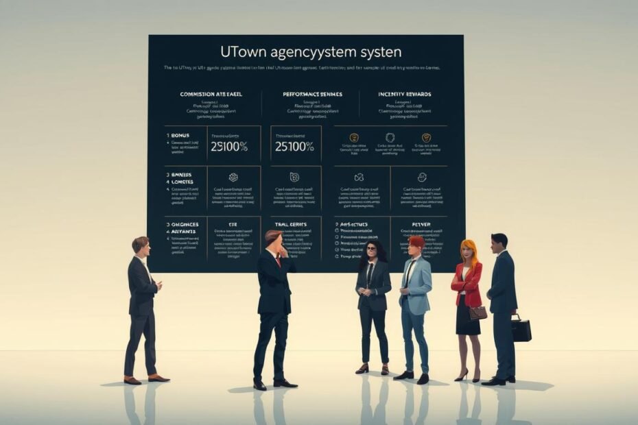 A sophisticated and visually striking illustration of the UTown agency system, showcasing its intricate commission structure and incentive mechanisms. Set against a clean, minimalist backdrop, the foreground features a neatly organized infographic detailing the key components of the UTown agency model, including commission rates, bonus tiers, and performance-based rewards. The middle ground depicts a group of professional-looking agents, each with a distinct personality, engaged in animated discussions, highlighting the collaborative nature of the system. The background subtly incorporates the UTown brand identity, with clean lines and a sophisticated color palette that ties the entire scene together, creating a sense of unity and cohesion.