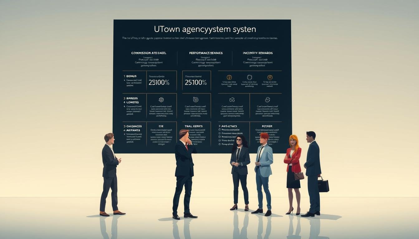 A sophisticated and visually striking illustration of the UTown agency system, showcasing its intricate commission structure and incentive mechanisms. Set against a clean, minimalist backdrop, the foreground features a neatly organized infographic detailing the key components of the UTown agency model, including commission rates, bonus tiers, and performance-based rewards. The middle ground depicts a group of professional-looking agents, each with a distinct personality, engaged in animated discussions, highlighting the collaborative nature of the system. The background subtly incorporates the UTown brand identity, with clean lines and a sophisticated color palette that ties the entire scene together, creating a sense of unity and cohesion.