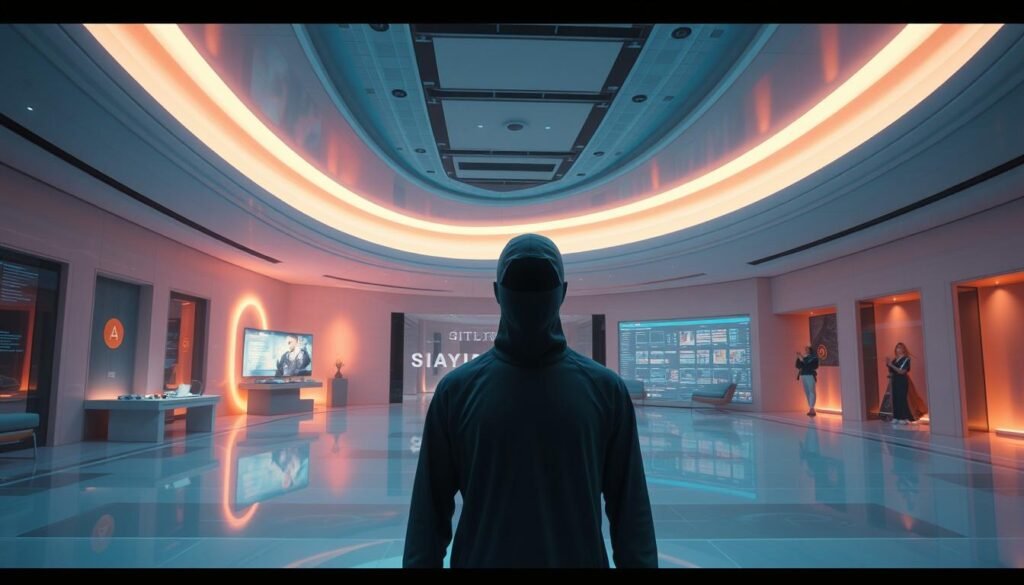 A tranquil and secure digital realm where UTown players can immerse themselves without the burden of intrusive identification requirements. Vibrant holograms and futuristic interfaces seamlessly integrate, shielding sensitive personal data from prying eyes. Sleek, minimalist architecture with clean lines and soothing tones evokes a sense of privacy and trust. Soft, diffused lighting casts a warm glow, creating an atmosphere of comfort and discretion. In the foreground, a faceless figure interacts with the system, their identity concealed, symbolizing the core principles of anonymity and data protection that define this sanctuary of digital freedom.