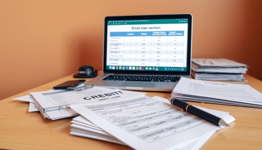 A well-lit interior scene, showcasing a clean, organized desk with various financial documents and a laptop displaying a comparison of small loan options. The desk is set against a warm, neutral-toned wall, creating a professional and trustworthy atmosphere. In the foreground, a stack of papers with handwritten notes and a pen, symbolizing the thoughtful evaluation of different credit plans. The lighting is soft and even, highlighting the details of the financial materials while maintaining a sense of clarity and focus. The overall composition conveys a sense of diligence, research, and decision-making, capturing the essence of the section title "選擇合適小額信貸方案的考量因素".
