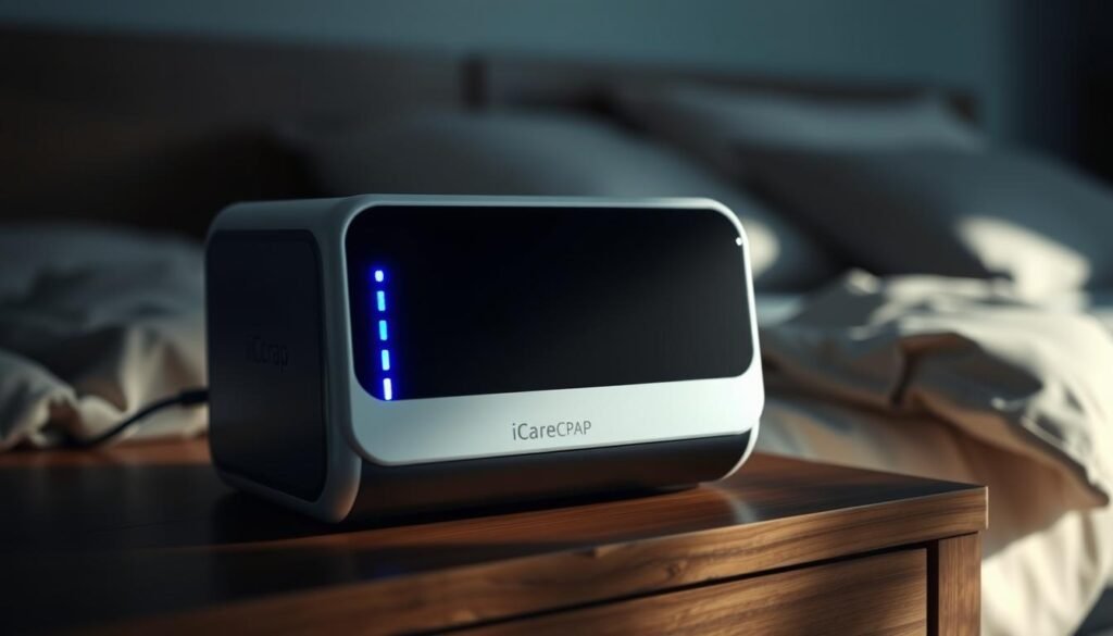 A highly detailed and realistic medical device, the iCareCPAP sleep apnea machine. The machine features a sleek, modern design with a subtle blue LED indicator light. The device is positioned on a wooden nightstand, casting soft shadows across the surface. In the background, a blurred bedroom scene with a cozy, calming atmosphere, hinting at the machine's purpose of providing comfortable, restorative sleep. The image conveys the advanced, yet discreet nature of the iCareCPAP, designed to seamlessly integrate into a bedroom environment and improve the user's overall health and well-being.