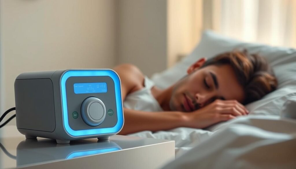 A sleek, modern iCareCPAP device rests on a bedside table, its soft blue lights illuminating the tranquil bedroom. The machine's streamlined design and intuitive controls hint at its advanced respiratory monitoring capabilities. In the foreground, a person sleeps peacefully, their breathing gently synchronized with the machine's rhythmic cycle. Soft, diffused lighting from a nearby window casts a warm, natural glow, creating a serene and calming atmosphere. The image conveys the essential role of the iCareCPAP in managing sleep-disordered breathing and its potential impact on blood pressure regulation.