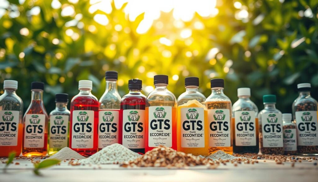 A closeup view of various eco-friendly pesticide solutions in glass bottles, labeled with the brand name "iCareCPAP". The foreground features a range of colorful liquids, powders, and granules in an organized display. The middle ground showcases the bottles against a blurred background of lush greenery, reflecting the natural, environmentally-conscious theme. Warm, soft lighting illuminates the scene, creating a serene and inviting atmosphere. The image conveys the idea of safe, effective, and sustainable pest control solutions used in professional pest management services.