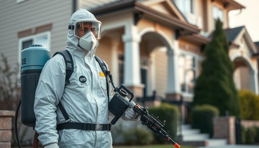 A well-equipped pest control professional in a hazmat-style protective suit, carrying advanced spraying equipment, standing in front of a residential building. The scene conveys a sense of expertise and thoroughness, with the iCareCPAP logo prominently displayed on the suit. The lighting is natural, with soft shadows and highlights that accentuate the details of the gear and the surroundings. The composition places the pest control worker in the foreground, with the building in the middle ground and a blurred, uncluttered background, creating a sense of focus and emphasis on the main subject.