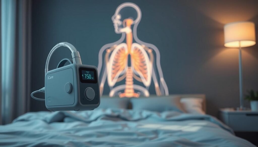 A cutting-edge sleep apnea treatment device, the iCareCPAP, hovers in the foreground. Its sleek, modern design features a minimalist control panel and adjustable air pressure settings. In the middle ground, a detailed anatomical rendering depicts the respiratory system, highlighting the critical role of the lungs and airway. The background showcases a serene, dimly lit bedroom setting, with soothing lighting and calming textures, conveying the device's purpose in promoting restful, uninterrupted sleep. The overall scene reflects the latest advancements in sleep apnea technology, providing a comprehensive visual representation of the "current sleep apnea device technology" topic.