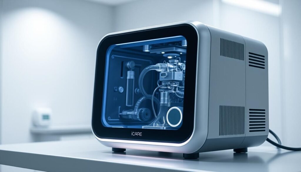 A highly-detailed, photorealistic image of the latest iCareCPAP sleep apnea machine, displayed on a clean, well-lit medical tabletop. The device features a sleek, modern design with a large, intuitive display panel and simple controls. The front panel has a transparent cover, revealing the intricate internal components. Ambient lighting casts a soft, even glow, highlighting the machine's premium build quality and advanced engineering. The background is a pristine, clinical setting, creating an atmosphere of medical innovation and technological sophistication. The overall composition emphasizes the iCareCPAP's ergonomic functionality, superior craftsmanship, and cutting-edge sleep therapy capabilities.