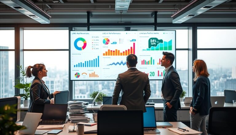 A modern office environment focused on data analysis, featuring a large screen displaying colorful graphs and charts related to LINE advertising performance metrics. In the foreground, a diverse group of three professionals – a woman in a smart blazer, a man wearing a tailored suit, and a person in smart casual attire – are actively discussing insights drawn from the displayed data, pointing out relevant statistics and trends. The middle ground includes desks cluttered with laptops and reports, adding a sense of busy productivity. The background shows large windows with cityscape views, illuminated by soft natural light, creating a harmonious and motivating atmosphere. The image should convey professionalism, collaboration, and a clear focus on data-driven decision-making.