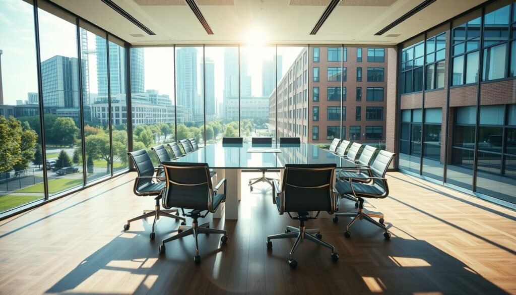 A contemporary office space with a large, well-lit conference room in the foreground, featuring a sleek glass table surrounded by ergonomic chairs. In the middle, large windows showcase a vibrant urban landscape with green parks and nearby amenities, such as cafes and stores. The background includes modern office buildings with a mix of glass and brick facades, creating a professional yet inviting atmosphere. Sunlight streams in, creating a warm glow, while shadows play softly on the polished wooden floor. The scene captures a sense of productivity and collaboration, embodying the essence of effective office leasing considerations. The overall mood is optimistic and focused, ideal for professionals seeking an inspiring workspace.
