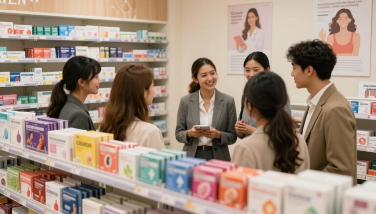 A cozy and intimate pharmacy interior showcasing a well-organized shelf filled with various condom brands prominently displayed in the foreground. In the middle, a diverse group of young adults, dressed in professional business attire, are engaged in a friendly discussion about sexual health and responsible behavior. Soft, warm lighting enhances the inviting atmosphere, with the lens capturing the scene from a slightly elevated angle to provide a comprehensive view. The background features educational posters on sexual health, subtly blending into the ambiance without overpowering the main focus. The overall mood conveys positivity and comfort around safe practices in sexual health, maintaining a respectful and safe-for-work environment. 4:3 aspect ratio.